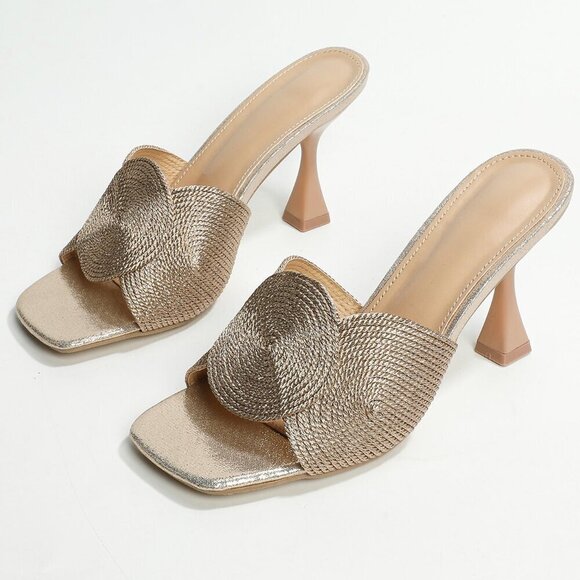 Gold Glamorous Womens Braided Detail Mules Fabric Pyramid Heel Sandals - Picture 5 of 5